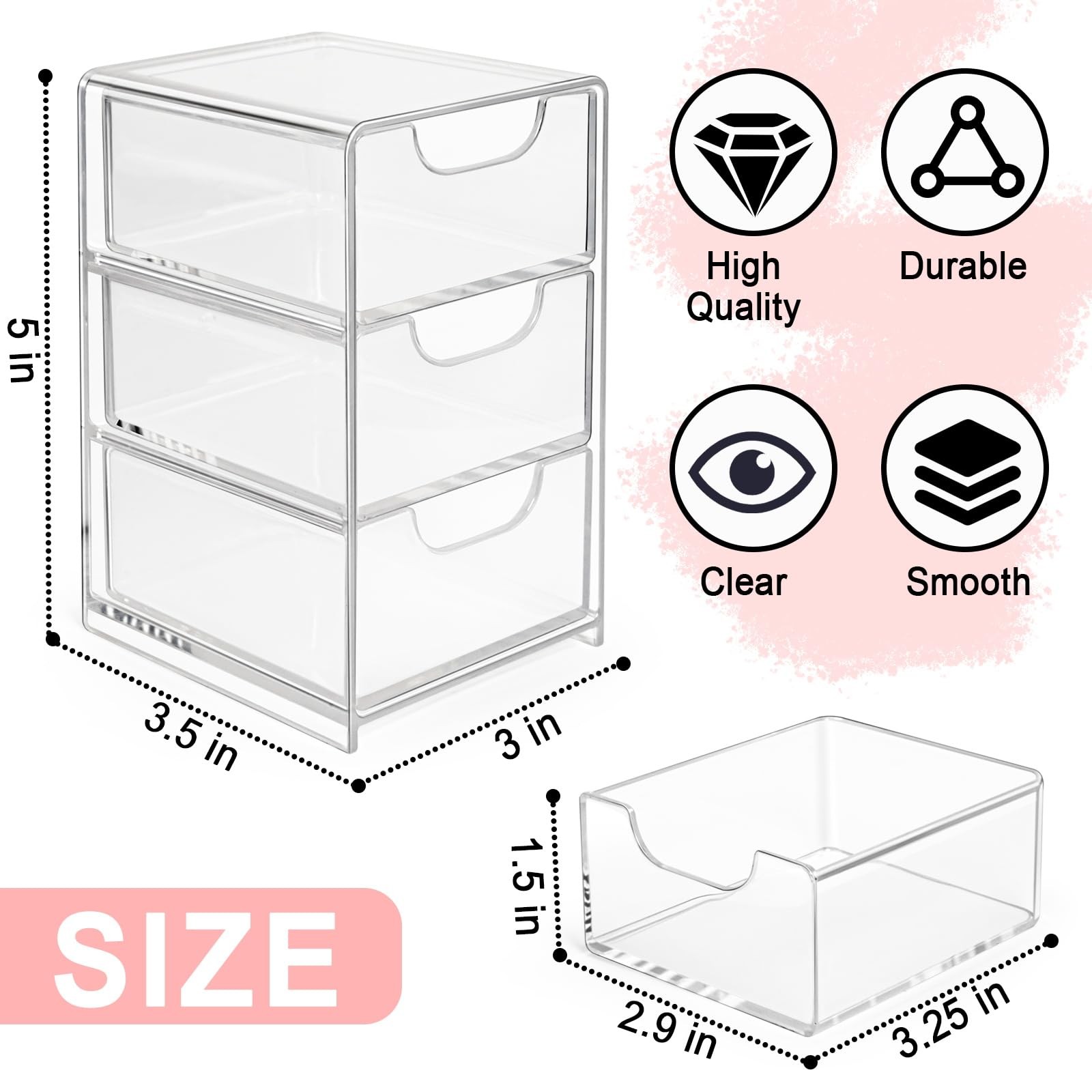 Small Desk Organizer with Drawer, Desktop 3 x 3.5 x 5 inches, Clear