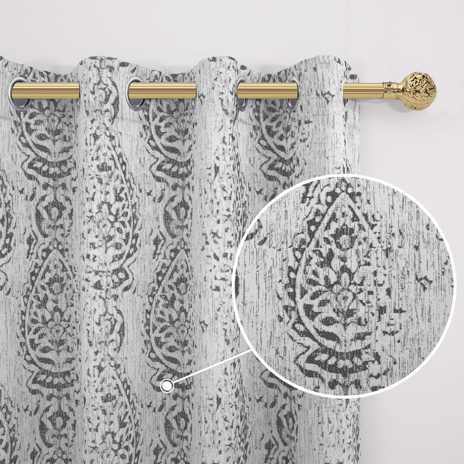 KOUFALL Grey Paisley Curtains for Living Room Bedroom 52×96 Inches Long 100% Bla