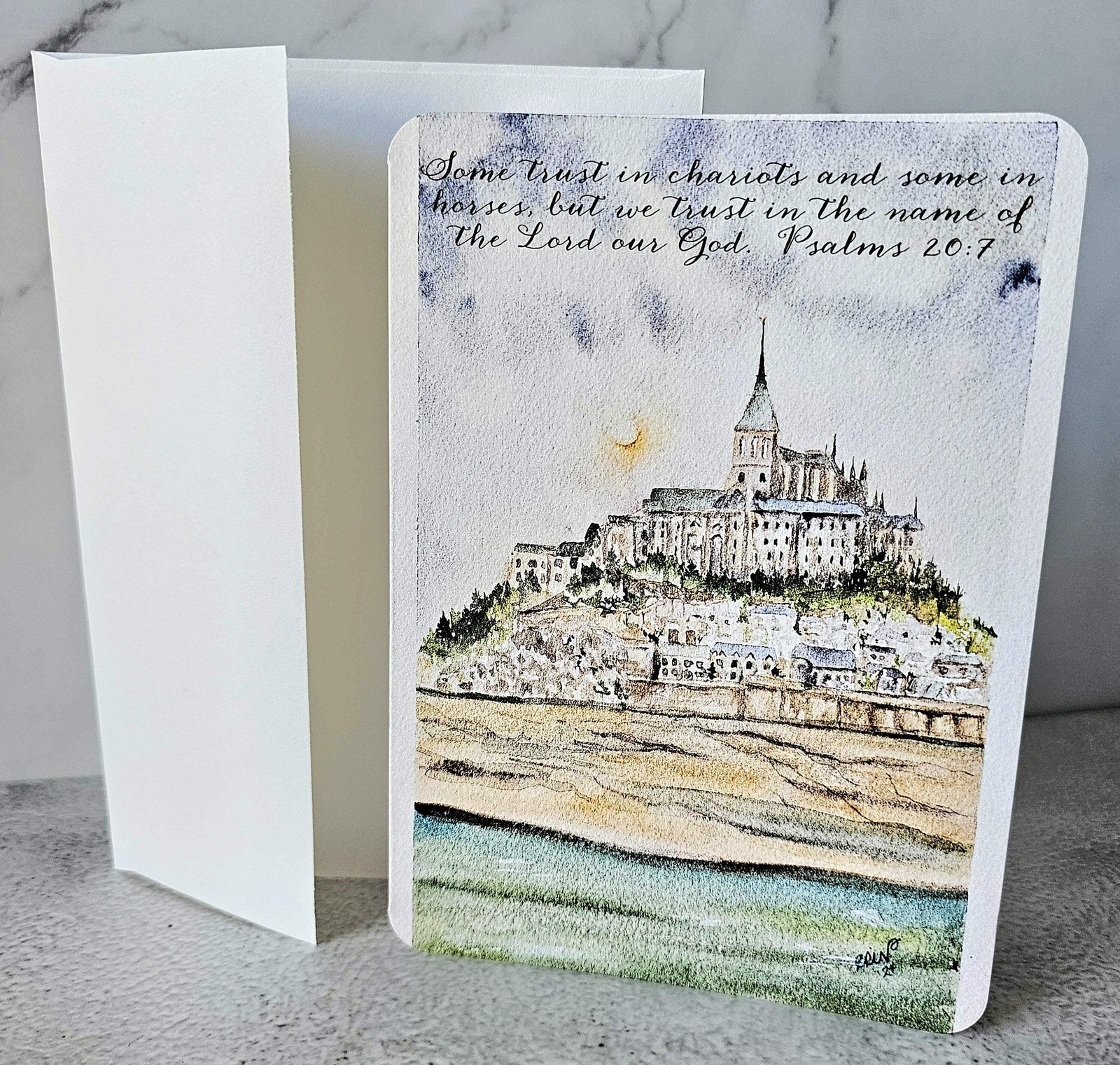 Mont. St Michel Landscape Watercolor Print Greeting Card: Christian Verse (5×7)