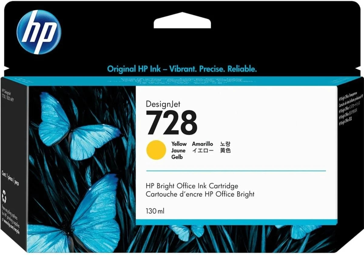 New HP 728 Yellow 130-ml Ink Cartridge (F9J65A) for DesignJet T830 MFP & T7
