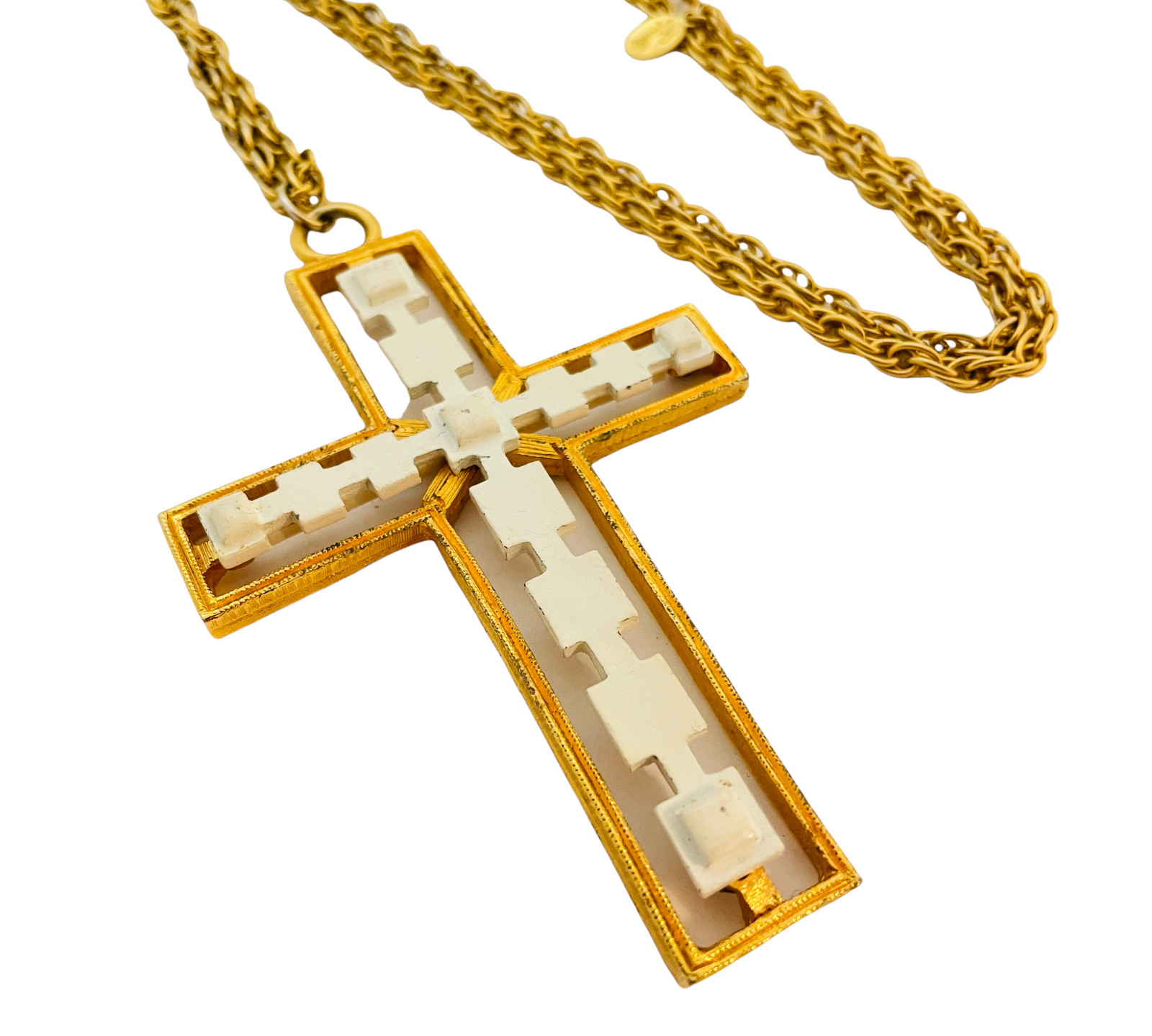 Vintage gold white enamel cross chain link designer runway necklace