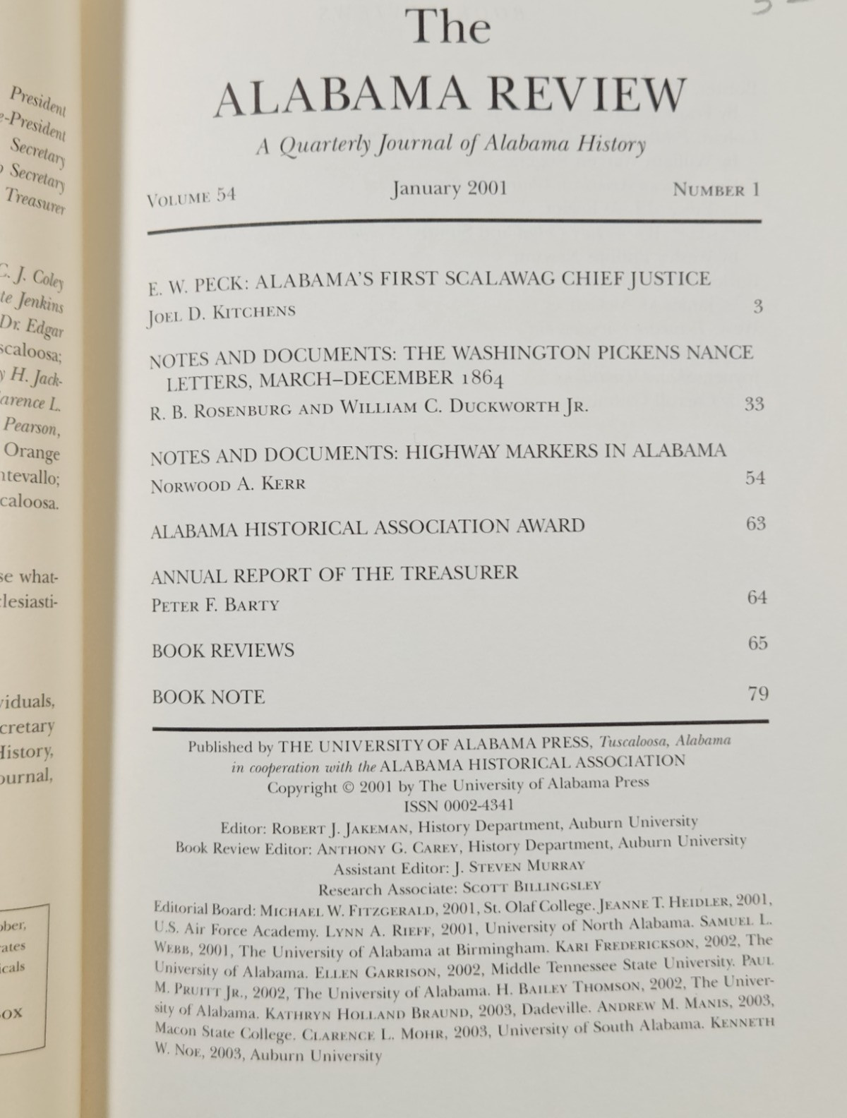 2001 Alabama Review Quarterly Journal V54 #1 E.W. Peck Washington Pickens Nance