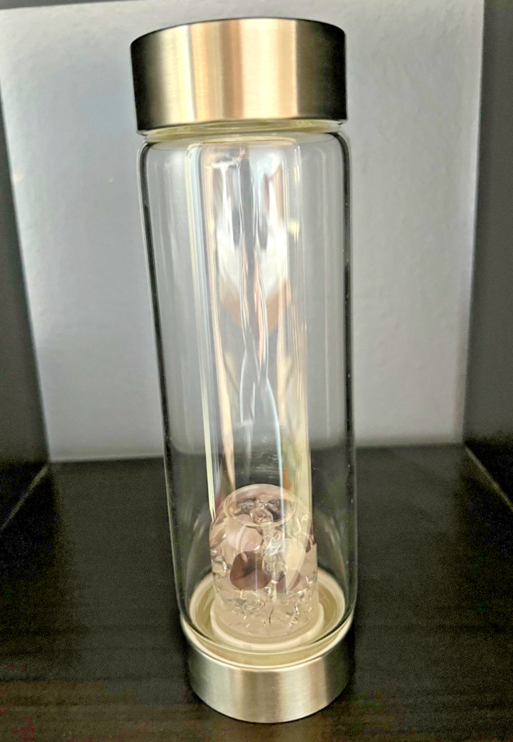 VitaJuwel ViA Wellness Glass Gem Water Bottle Amethyst Rose Clear Quartz SS
