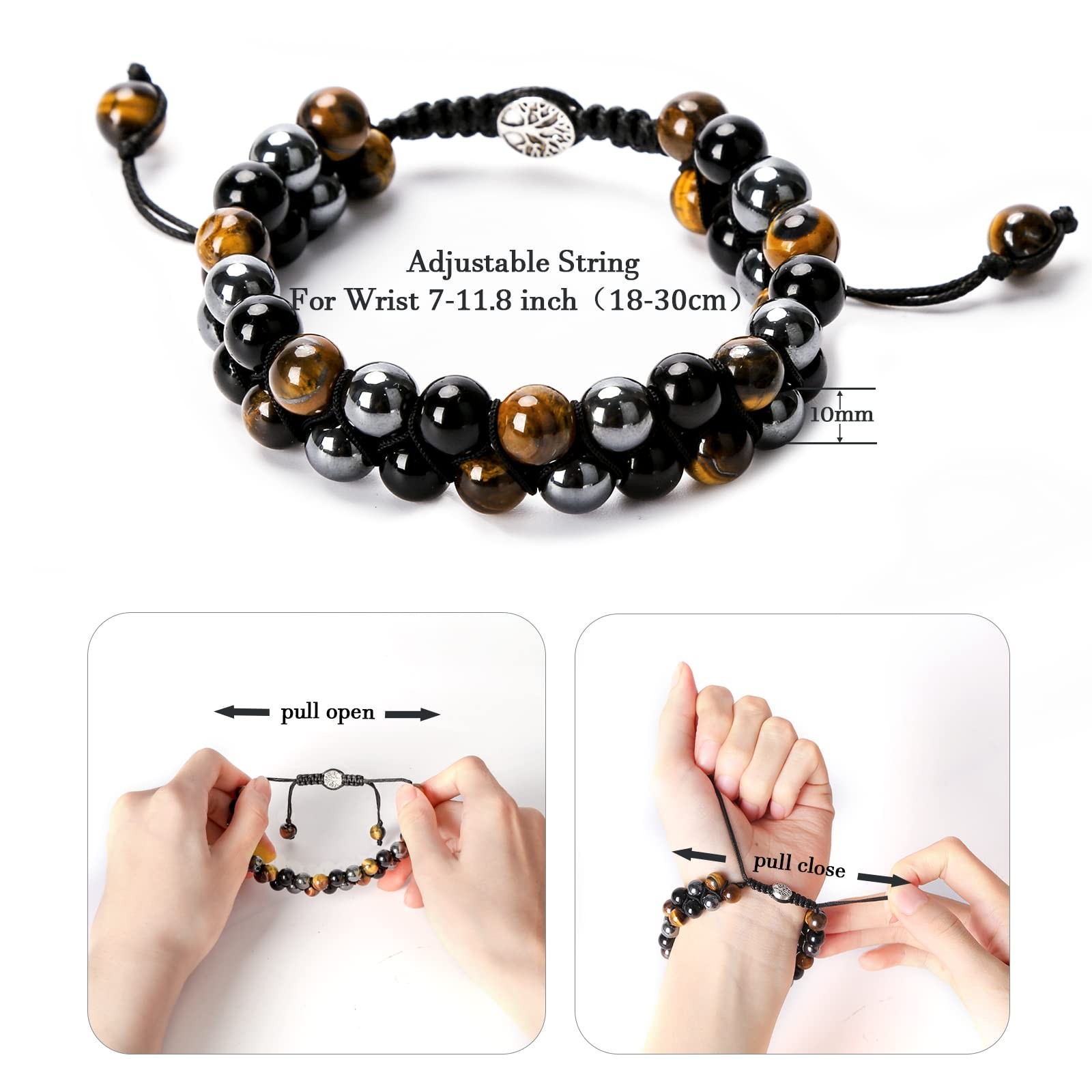 Handmade Triple Protection Bracelet 10mm Hematite Black Obsidian Tiger Eye St…