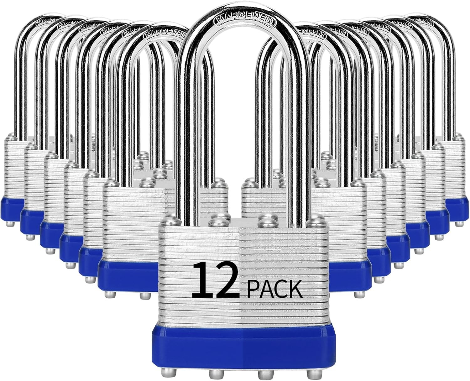Padlocks Keyed Alike, Pack of 12, Laminated 12 PACK Long Shackle, Blue silver