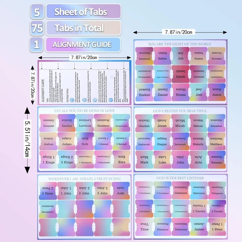 Laminated Bible Tabs for Women&Men，75 pcs Large Print 3×5 inches, Rainbow