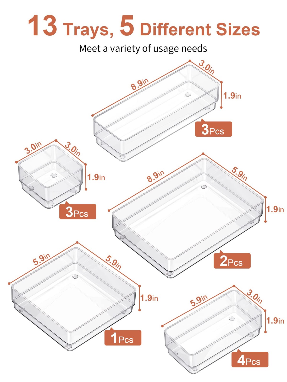 SMARTAKE 13-Piece Drawer Organizer with Non-Slip Silicone Pads, 13 PCS, Clear