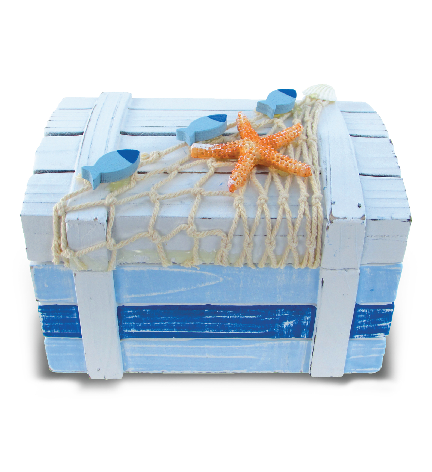 CoTa Global Light Blue Stripes Wooden Jewelry Box with Starfish and Net, 6 Inch