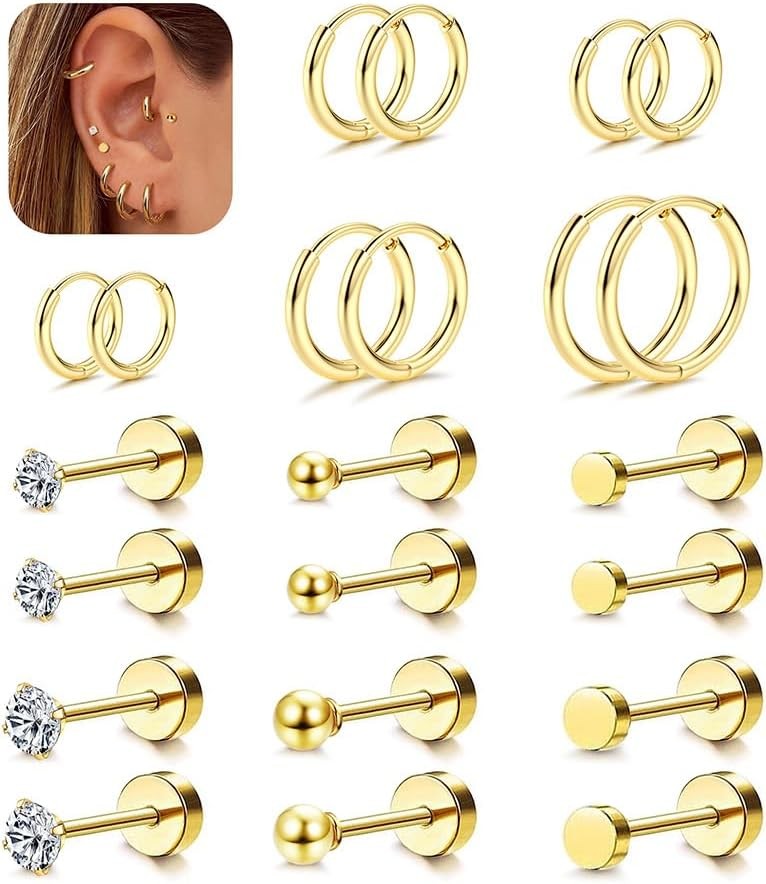 LOLIAS Small Hypoallergenic Flat Back Stud Earrings for Women Men 14K Gold…