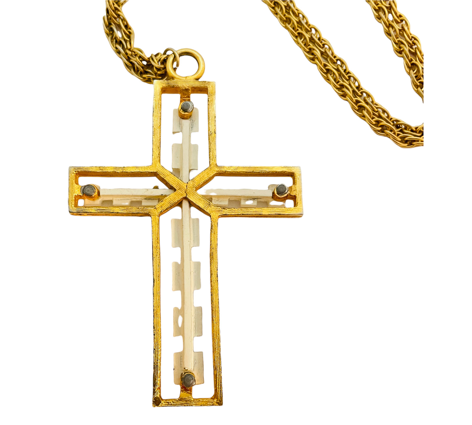 Vintage gold white enamel cross chain link designer runway necklace