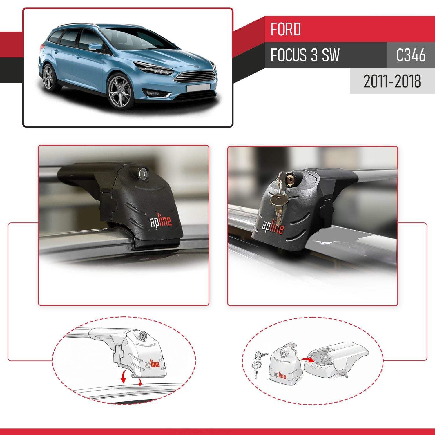 Compatible with Ford Focus 3 (C346) SW 2011-2018 ACE-2 Car Roof Rack Cross Bar G