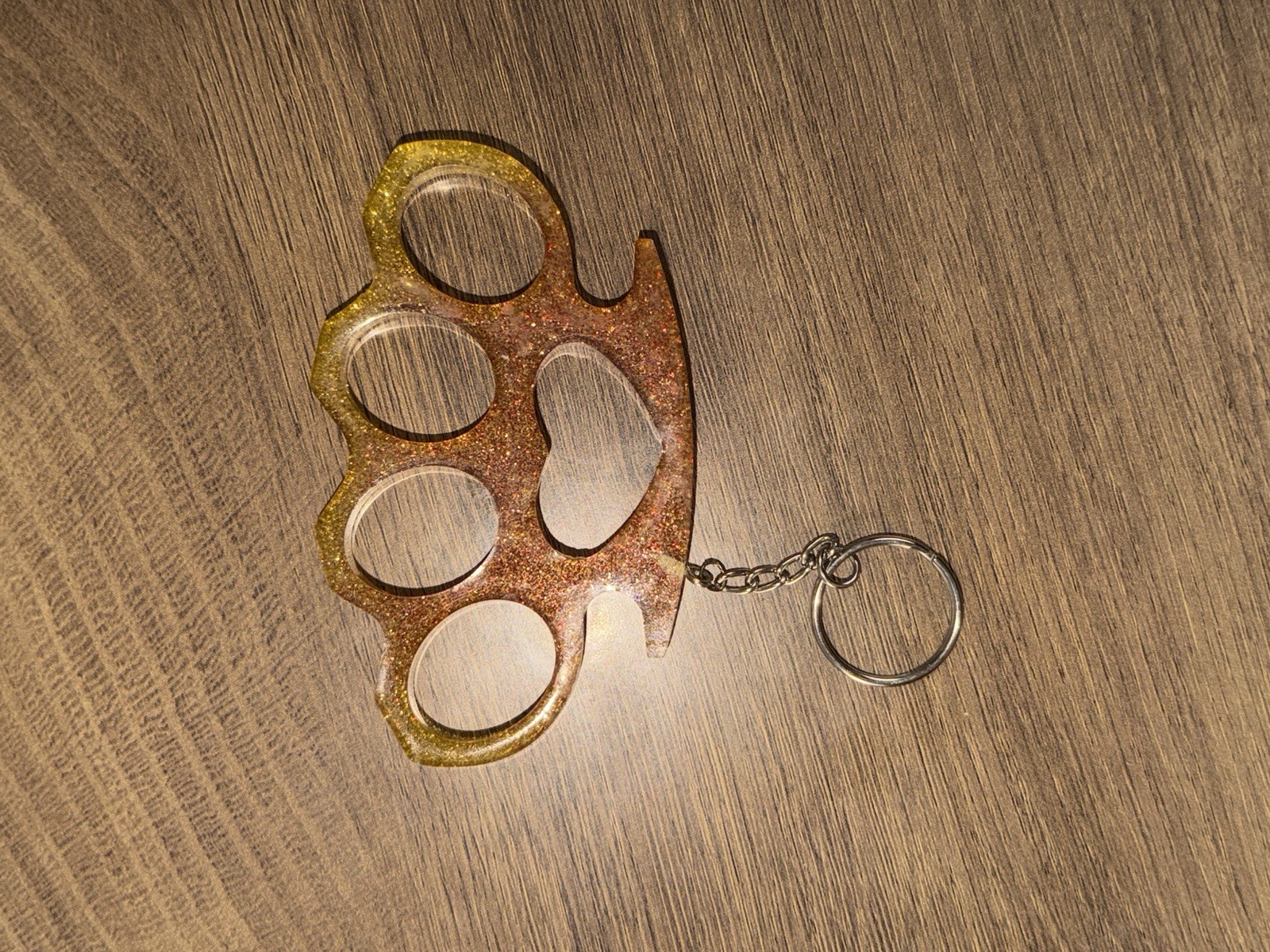 Gold/Orange Glitter Brass Knuckles Style Keychain w/ Key Ring, Finger Holes