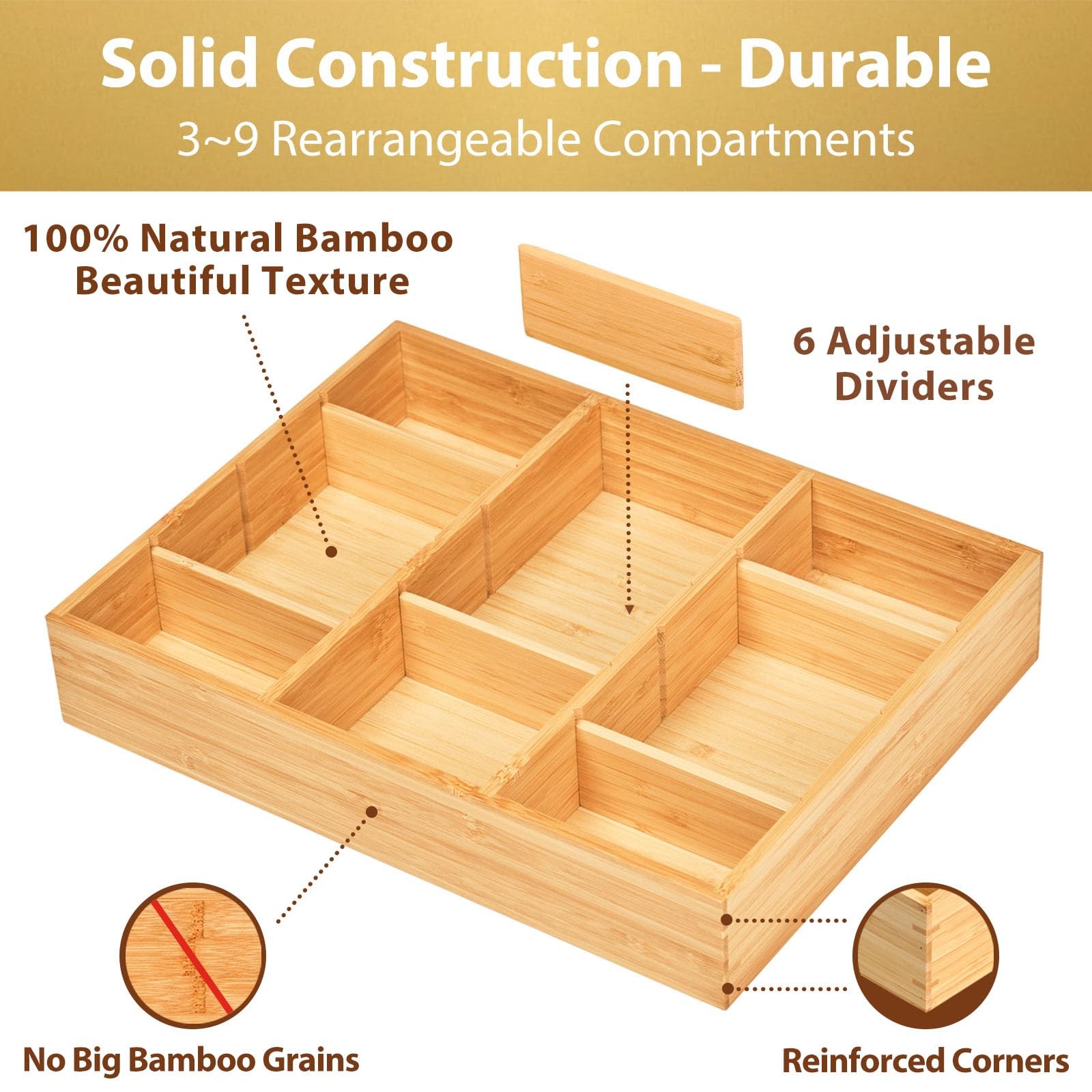 Umilife Bamboo Desk Drawer Organizer, Wood Junk Organizer 12″x9″, Natural