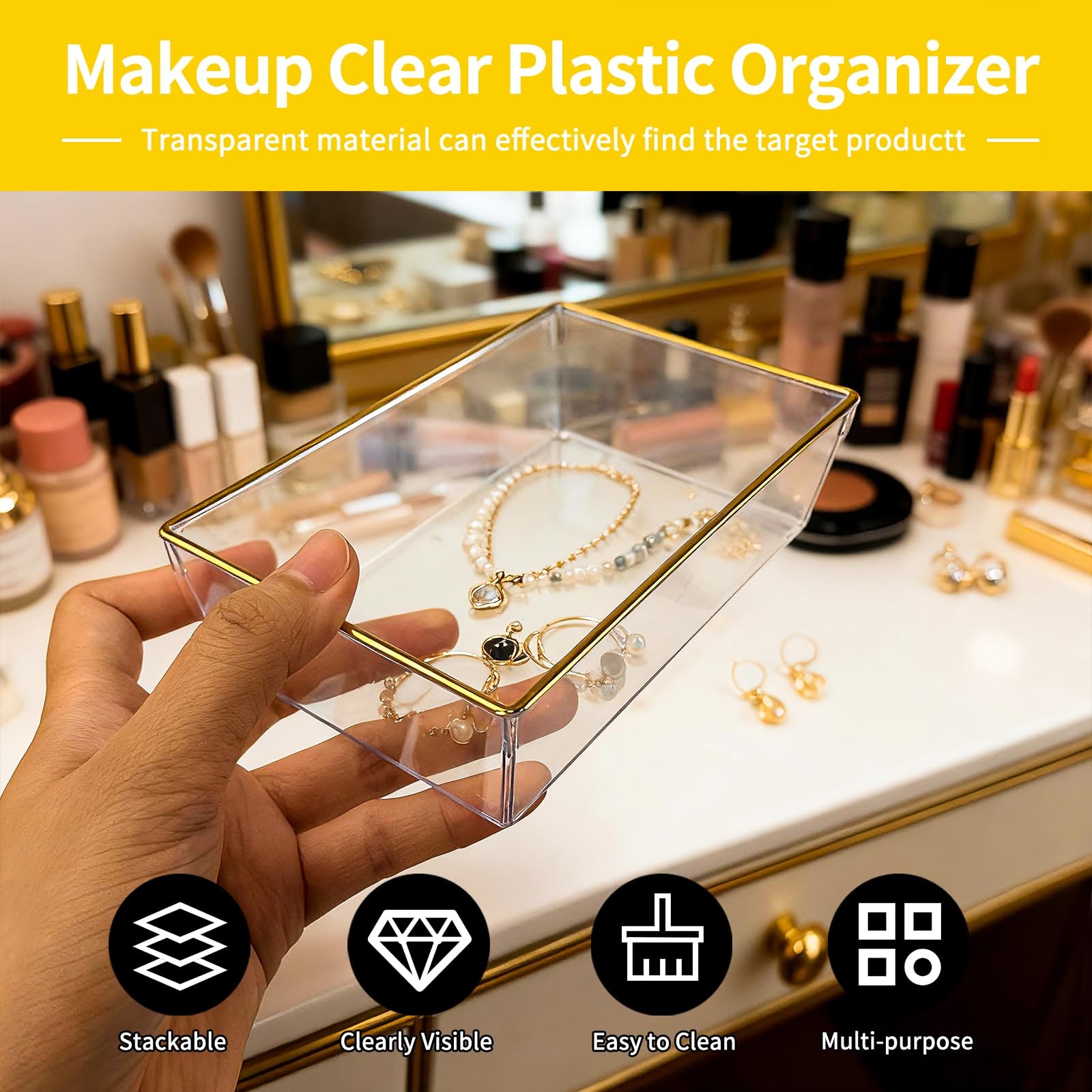 6 Pack Large Size Clear Stackable Drawer Organizer Trays, Gold 6 PACK,