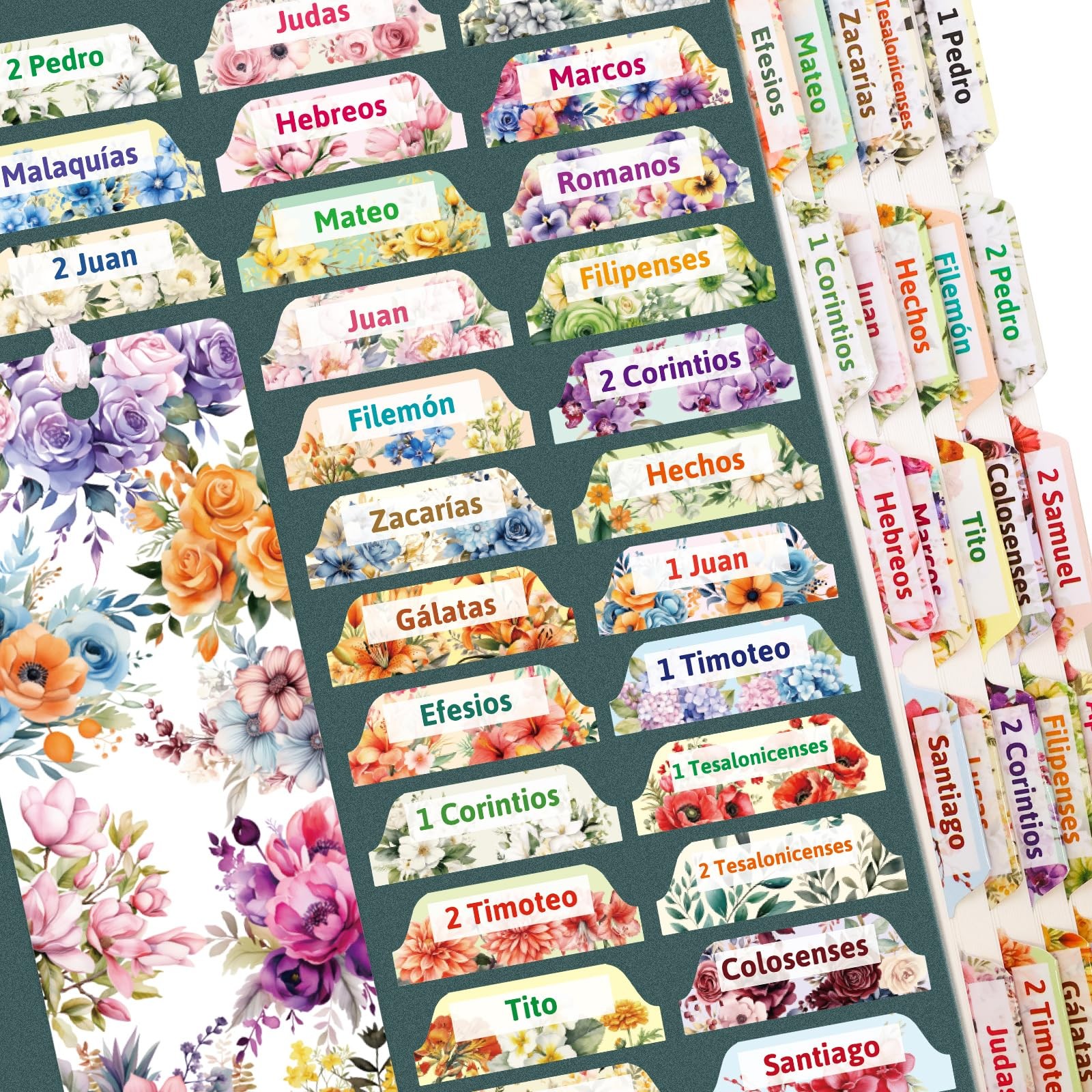100Pcs Spanish Bible Tabs Floral Design Laminated New and Old Testament Index…