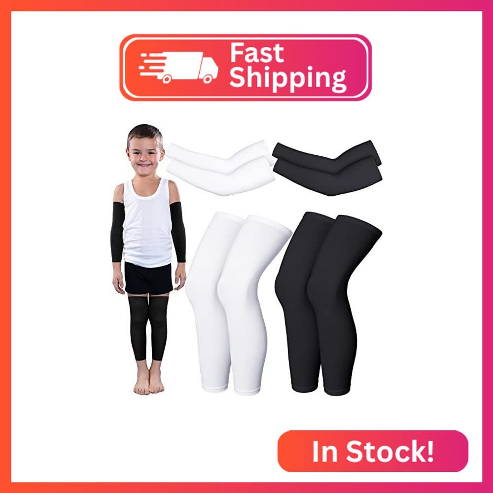 Charniol 4 Pairs Kids Arm Sleeves for Basketball Kids Long Compression Leg Sleev