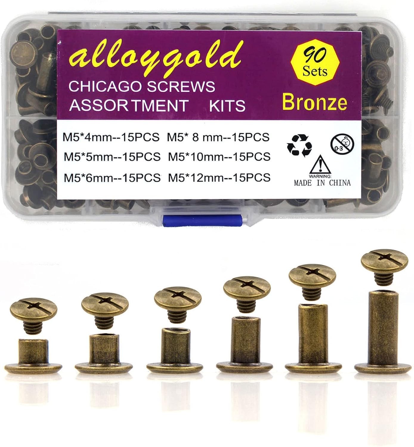 90 Sets Bronze Chicago Screws Leather Assorted Kit M5*4.5.6.8.10.12mm,
