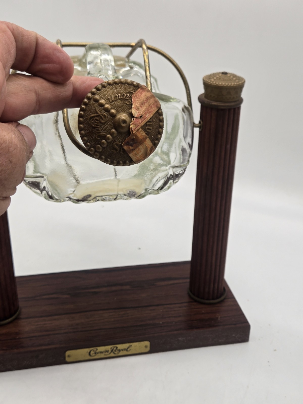Seagrams Crown Royal 1.75L Decanter (empty) on Mahogany Tilt Pour Stand