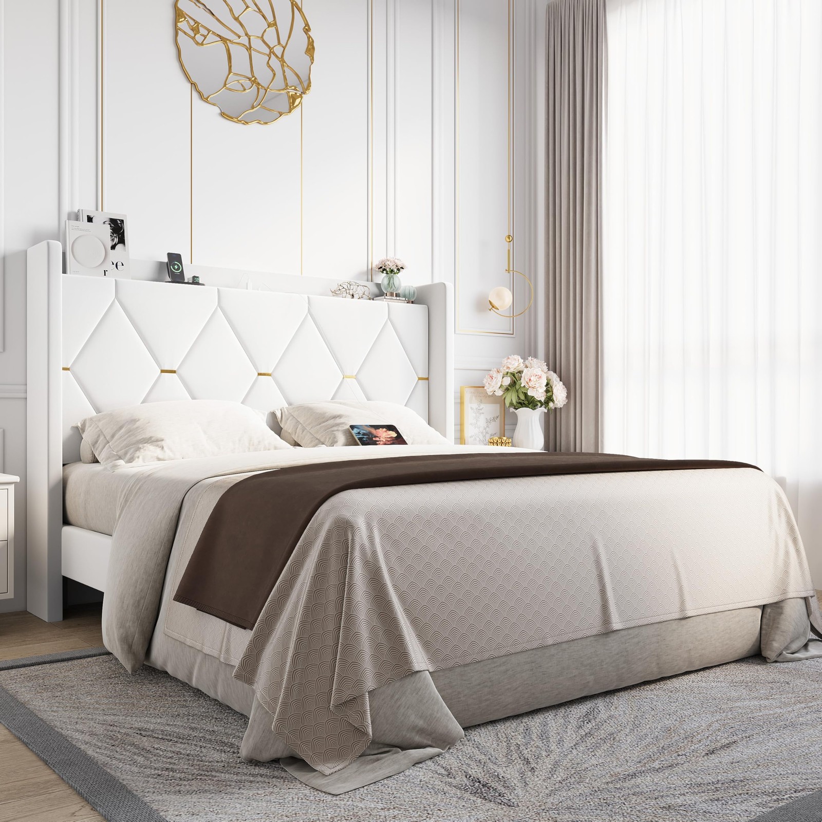 Allewie Velvet Full Size Upholstered Bed Frame with Wingback Full, White