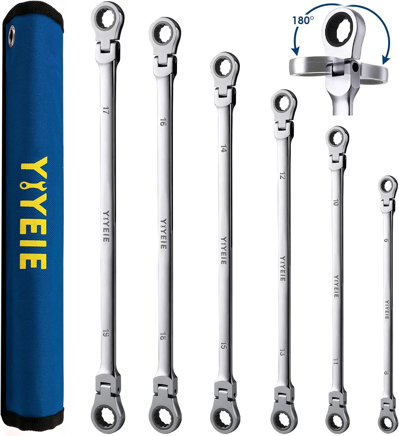 YIYEIE 6 Pcs Extra Long Flex Head Ratcheting Wrench Set, Metric Long Wrench 8m