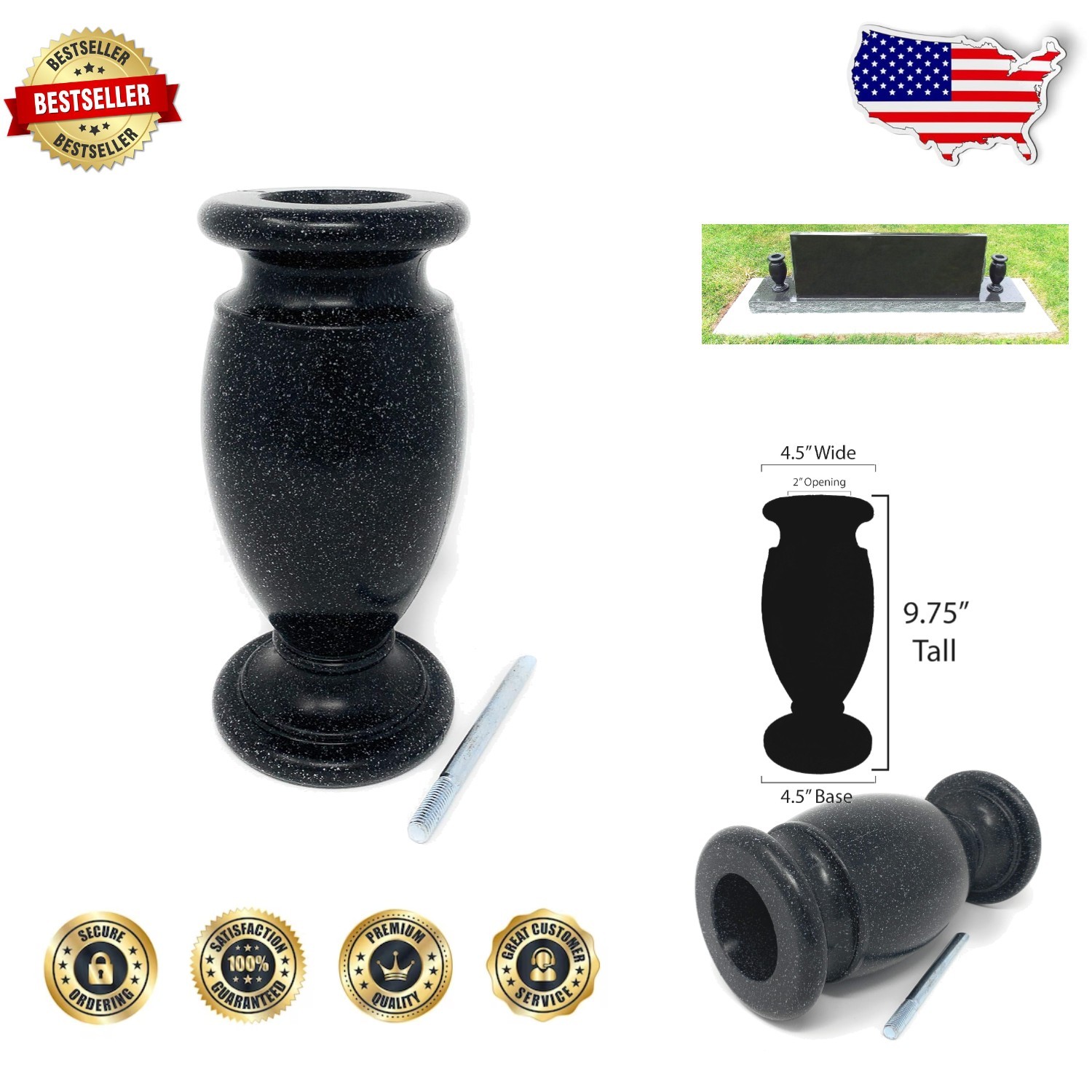 Durable Cemetery Flower Vase – Blacker Granite Plastic with Metal Spike, Fros…