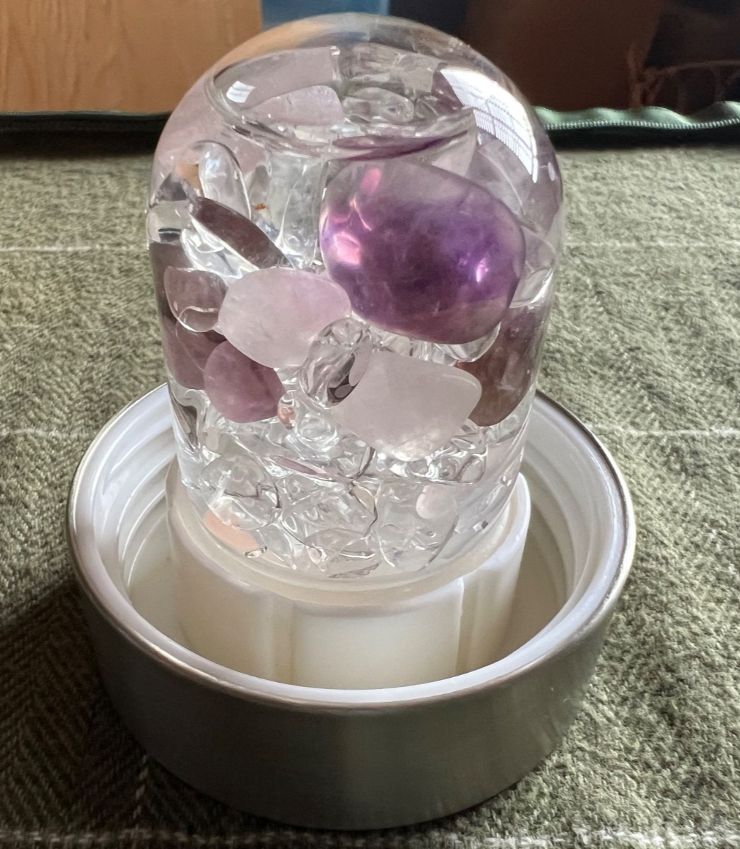 VitaJuwel ViA Wellness Glass Gem Water Bottle Amethyst Rose Clear Quartz SS