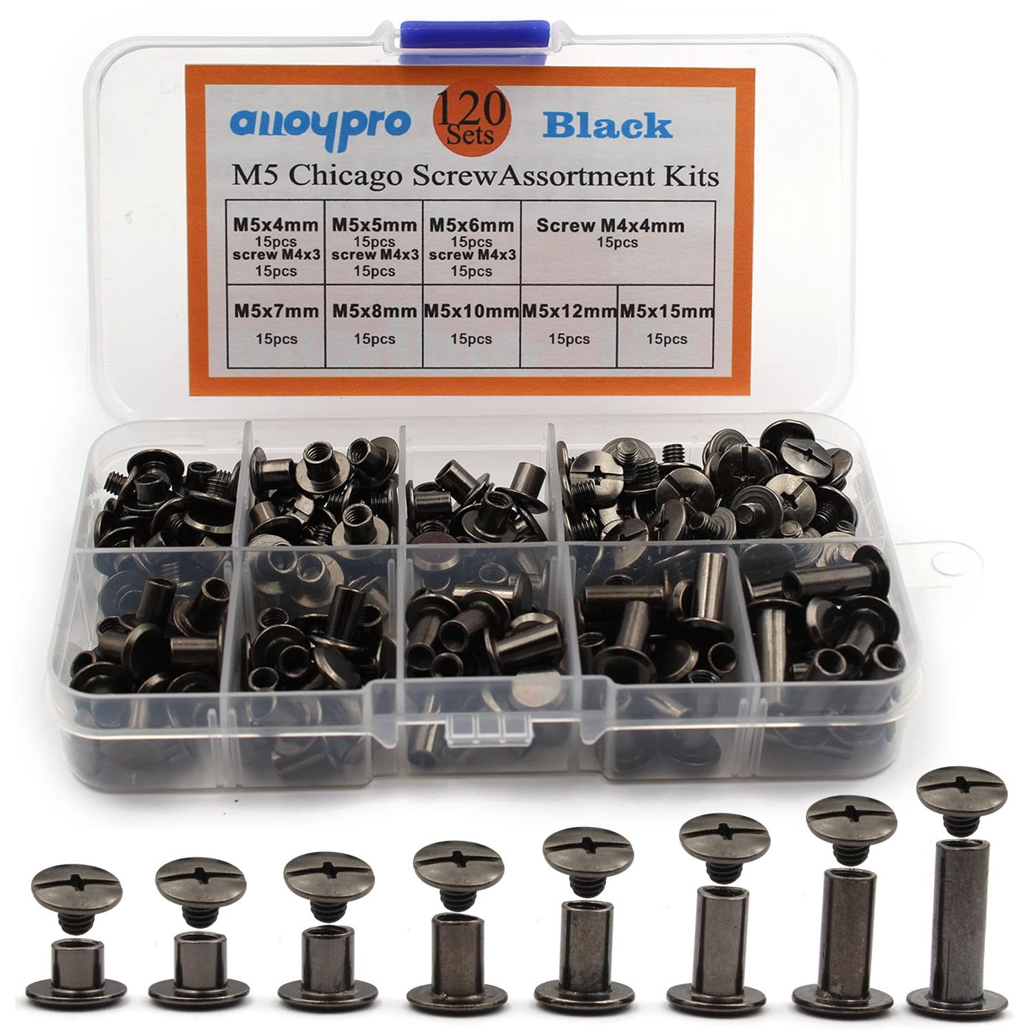 Alloypro 120Pcs Black Chicago Screws Gun Metal-4,5,6,7,8,10,12,15, Metal