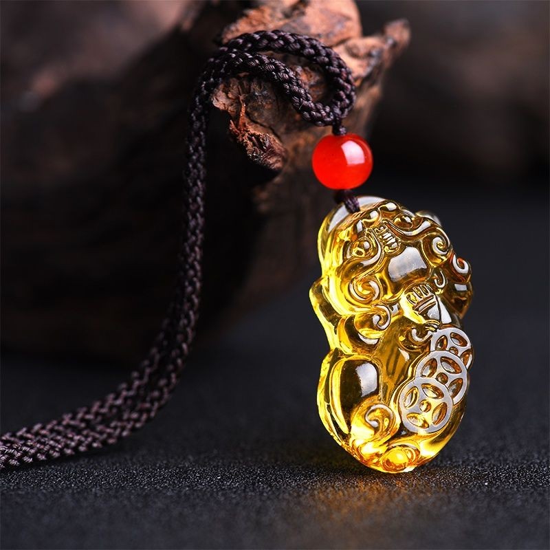Yellow Citrine Pixiu Pendant Necklace Wealth Amulet Unisex Lucky Charm Jewelry
