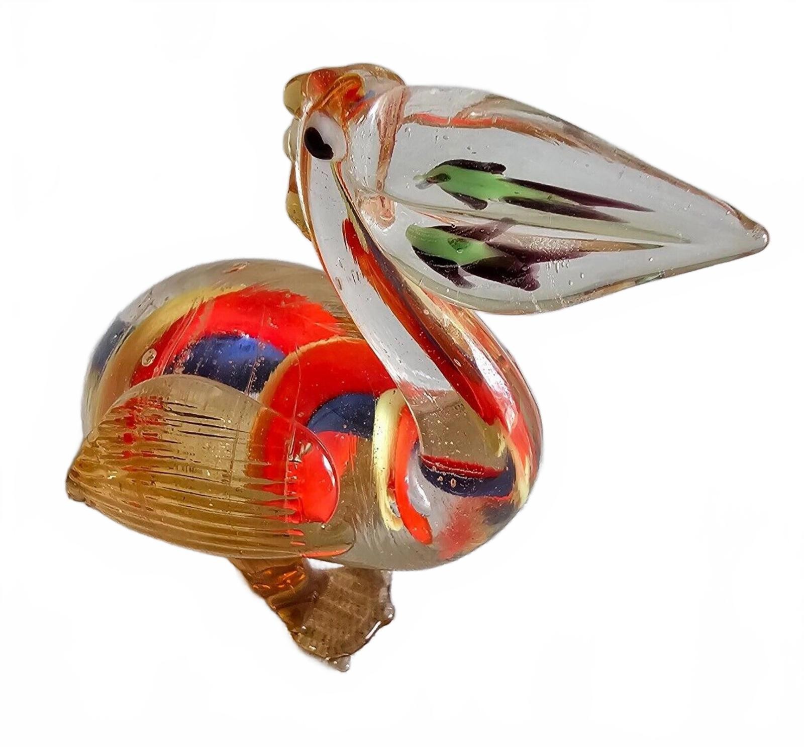 Murano Style Glass Pelican Fish in Mouth Cobalt Red Green Amber Very Fine Craft