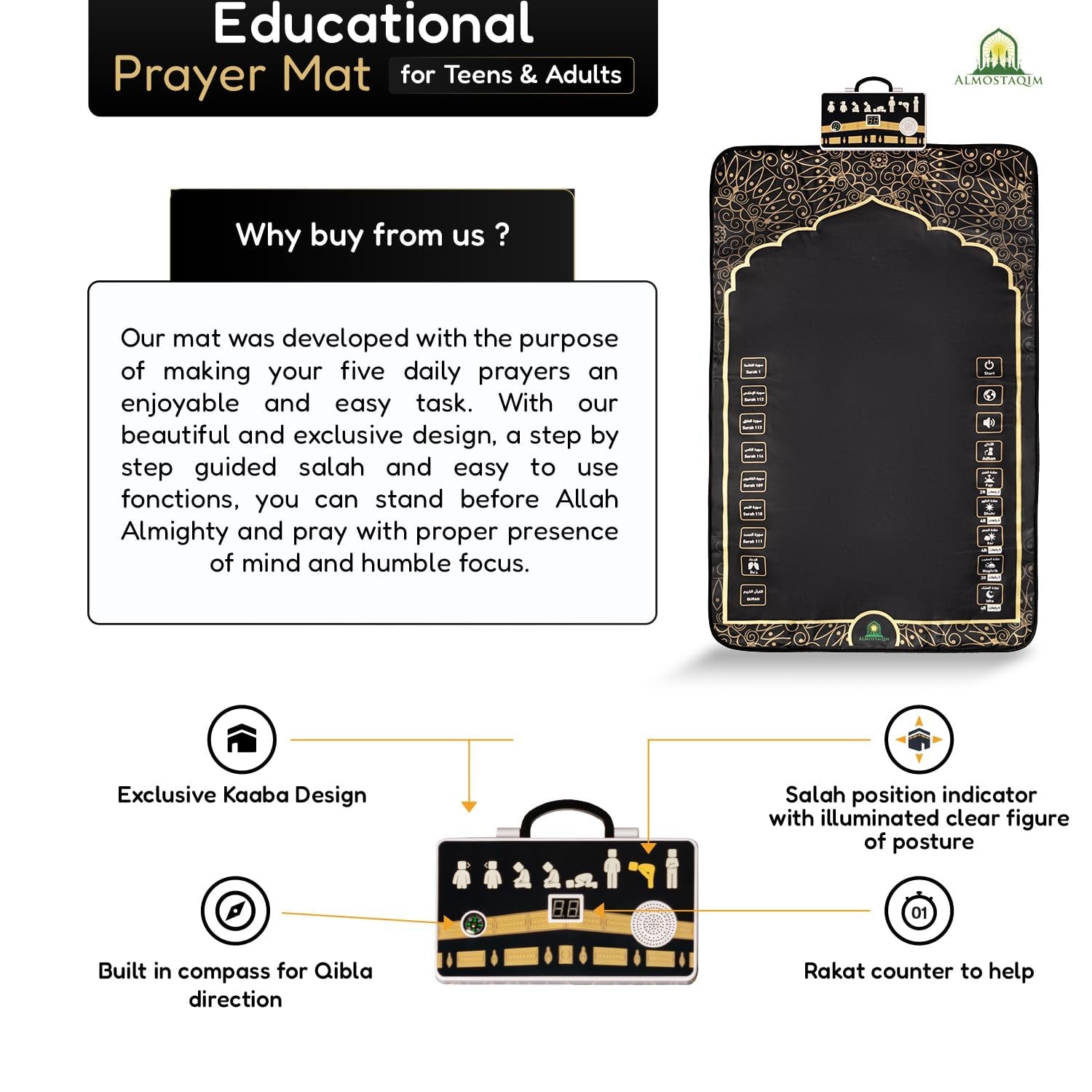 ALMOSTAQIM Educational Prayer Mat for Teens 2’3″ x 3’11” (Rectangular), Black