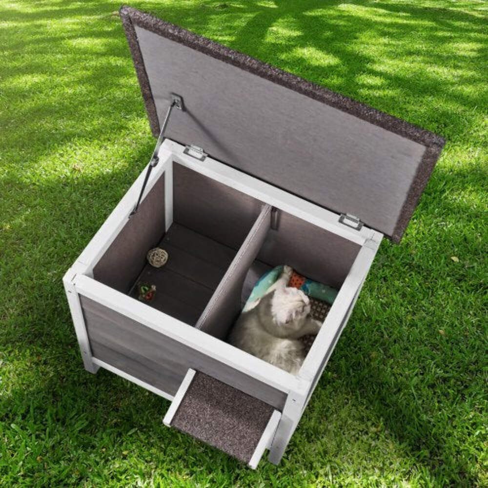 Outdoor Cat House Wooden Feral Cat Shelter with Roof & PVC Door Flaps