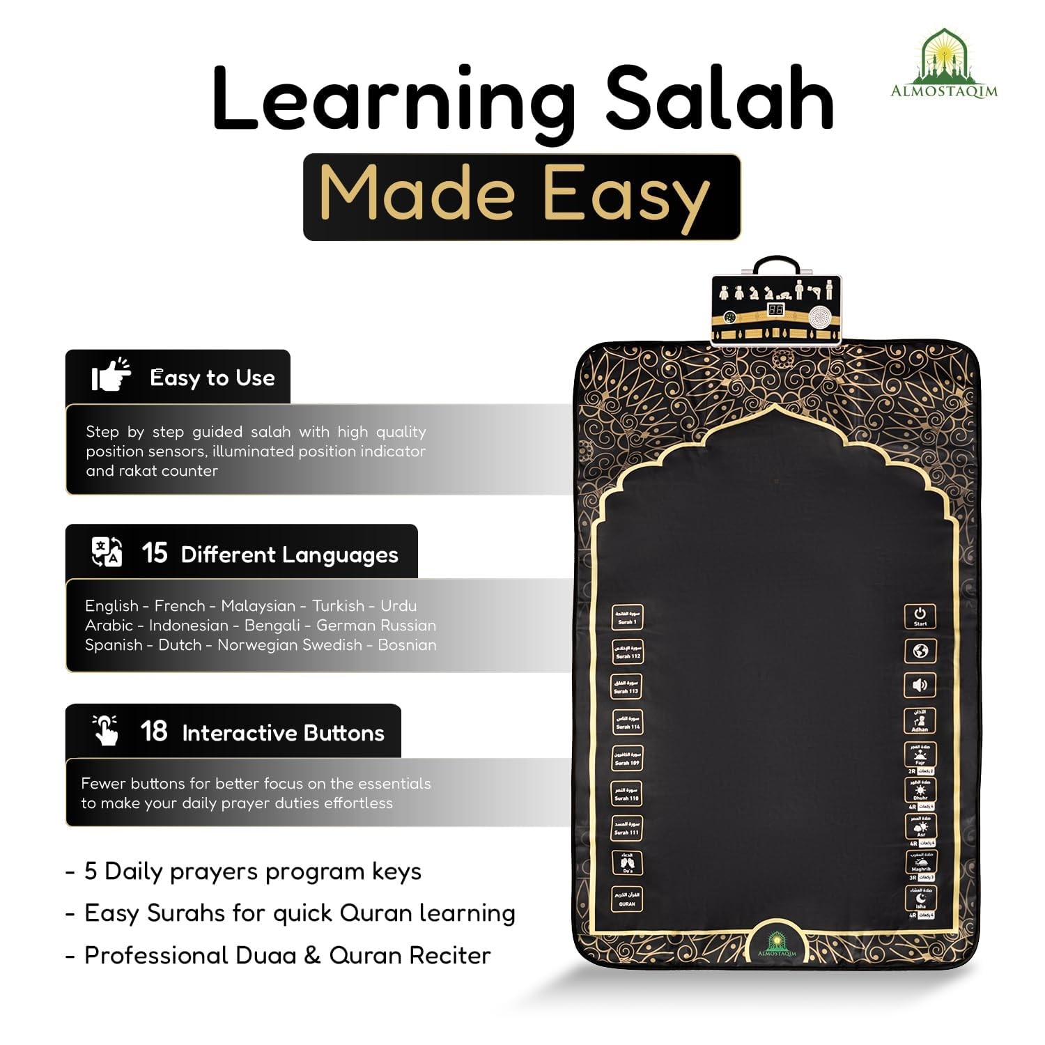 ALMOSTAQIM Educational Prayer Mat for Teens 2’3″ x 3’11” (Rectangular), Black
