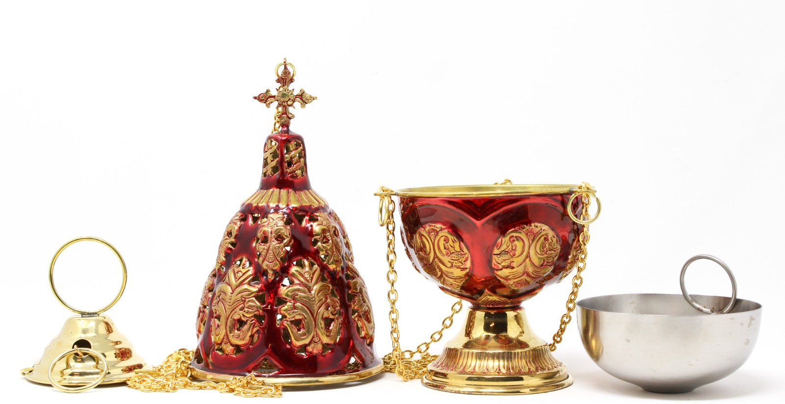 High Polished Brass Ornate Floral Red Enameled Incense Burner Censer 12.4 In