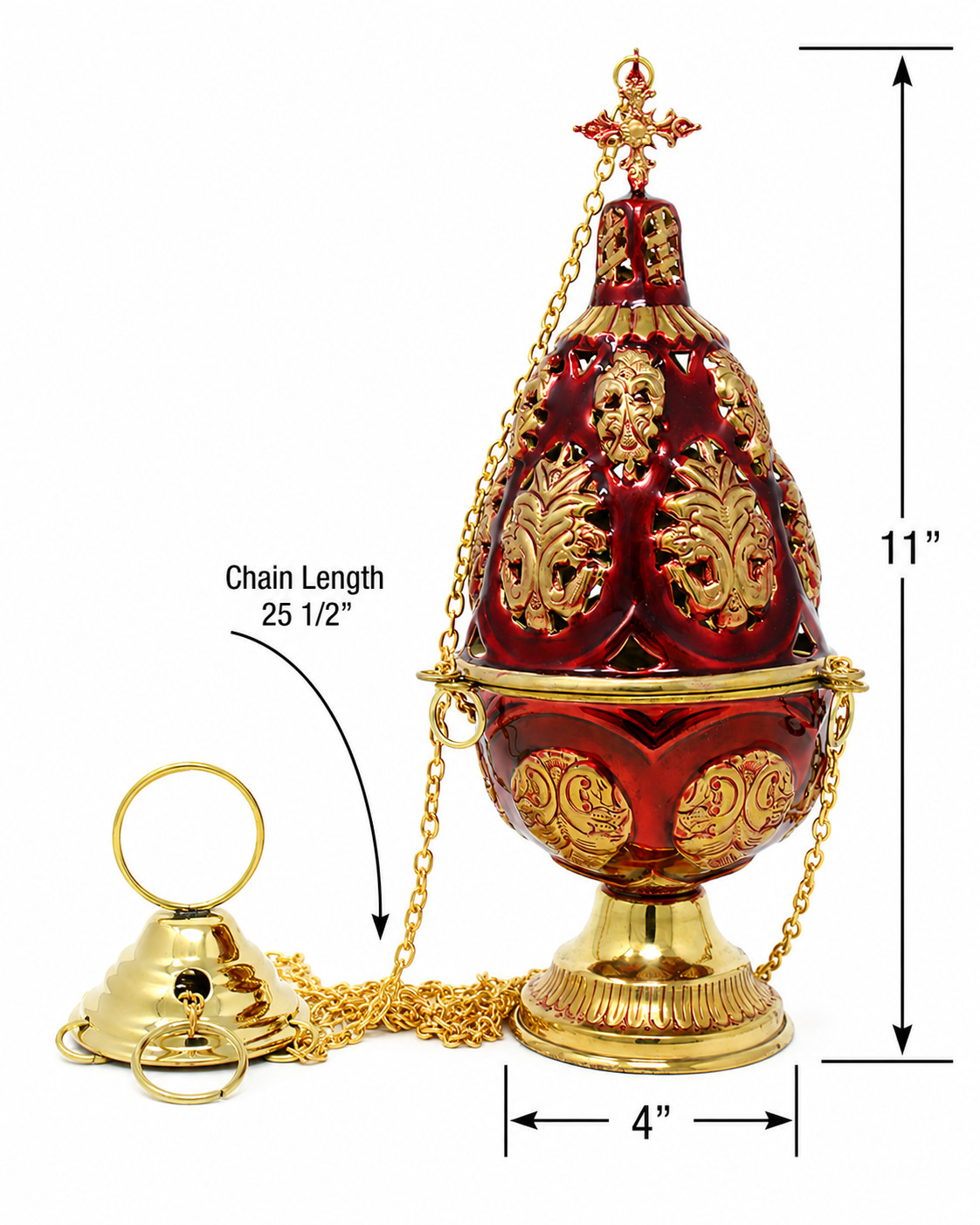 High Polished Brass Ornate Floral Red Enameled Incense Burner Censer 12.4 In