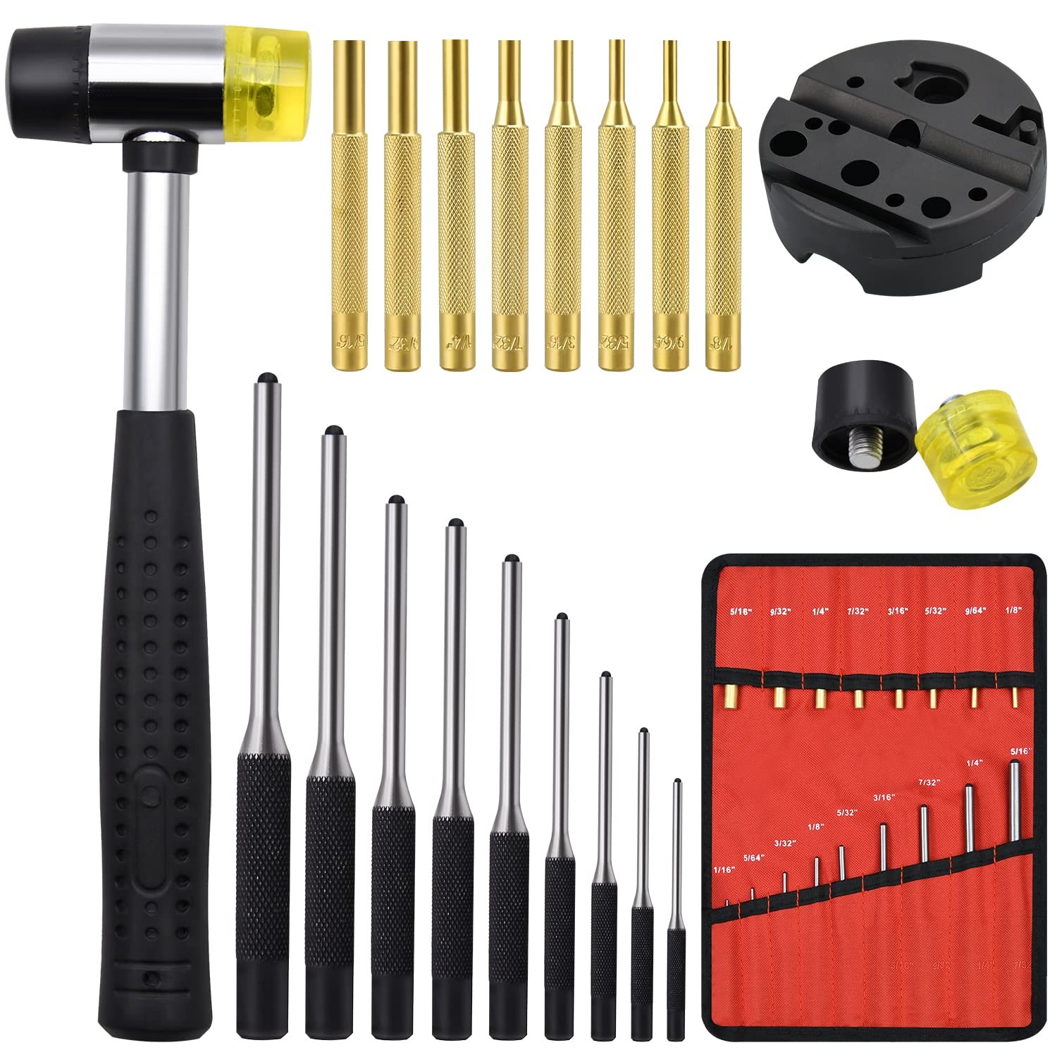 22pc Pin Punch Set with Block & Hammer – Steel, Brass