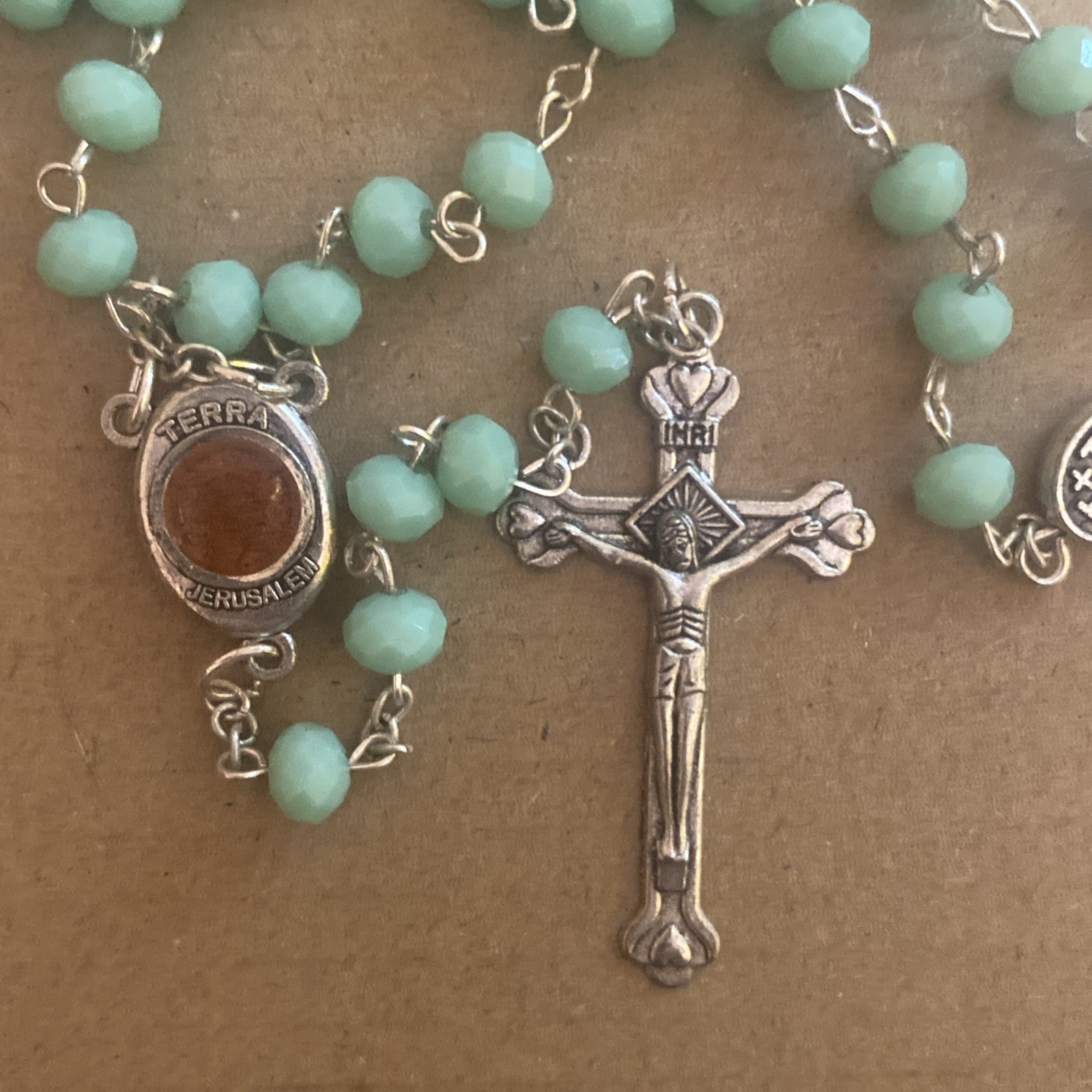 Stunning Aqua Light Blue Rosary Beads Terra Jerusalem Holy Land Relic As Is