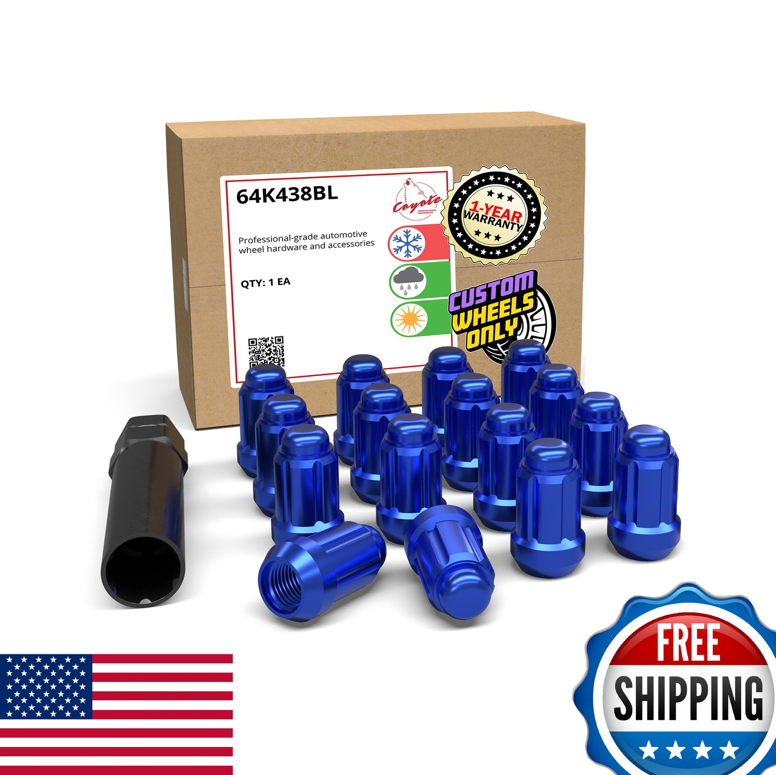 16 Pc M10x1.25 Car Spline Lug Nuts 35mm Long 60 Deg Conical Carbon Steel Blue