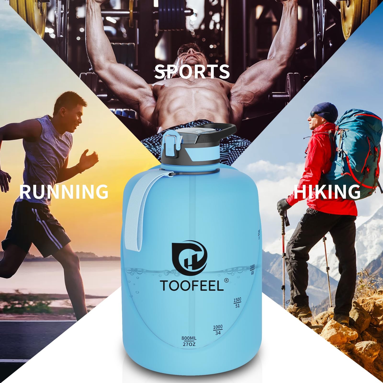 TOOFEEL 1 Gallon Water Bottle with Straw & Chug Lid,BPA Free,Leak-Proof, Dishwas