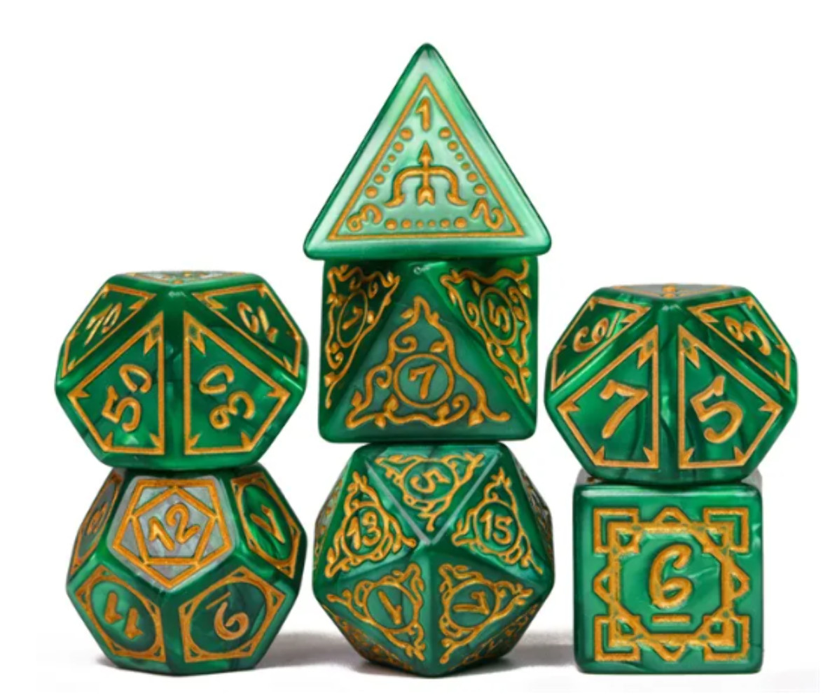 Druid Green Marble Pattern Dice | Green Dice w/Gold Art 7-Dice Set