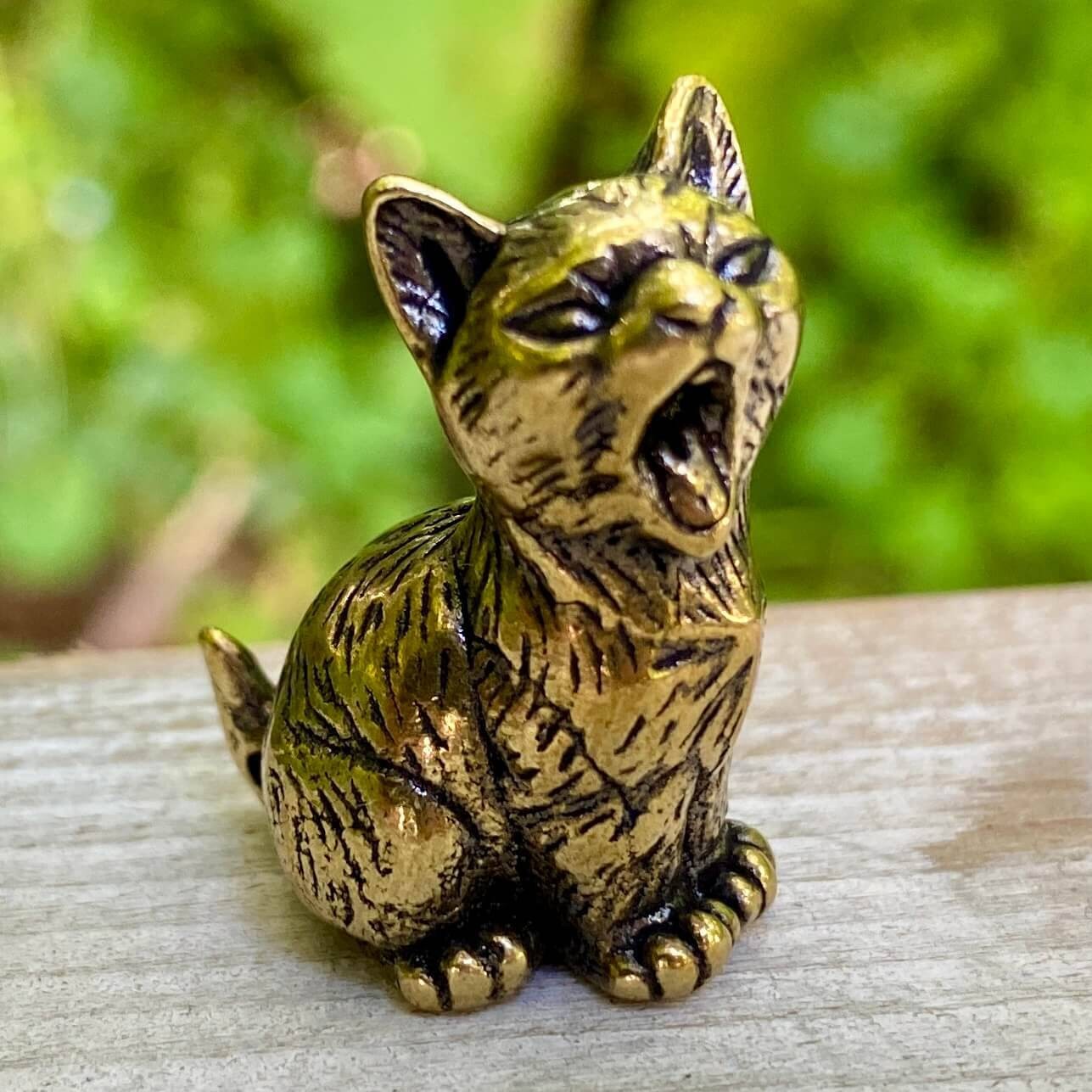 Solid Brass Cat Yawning – Symbol of Independence, Mystery & Intuition – A53