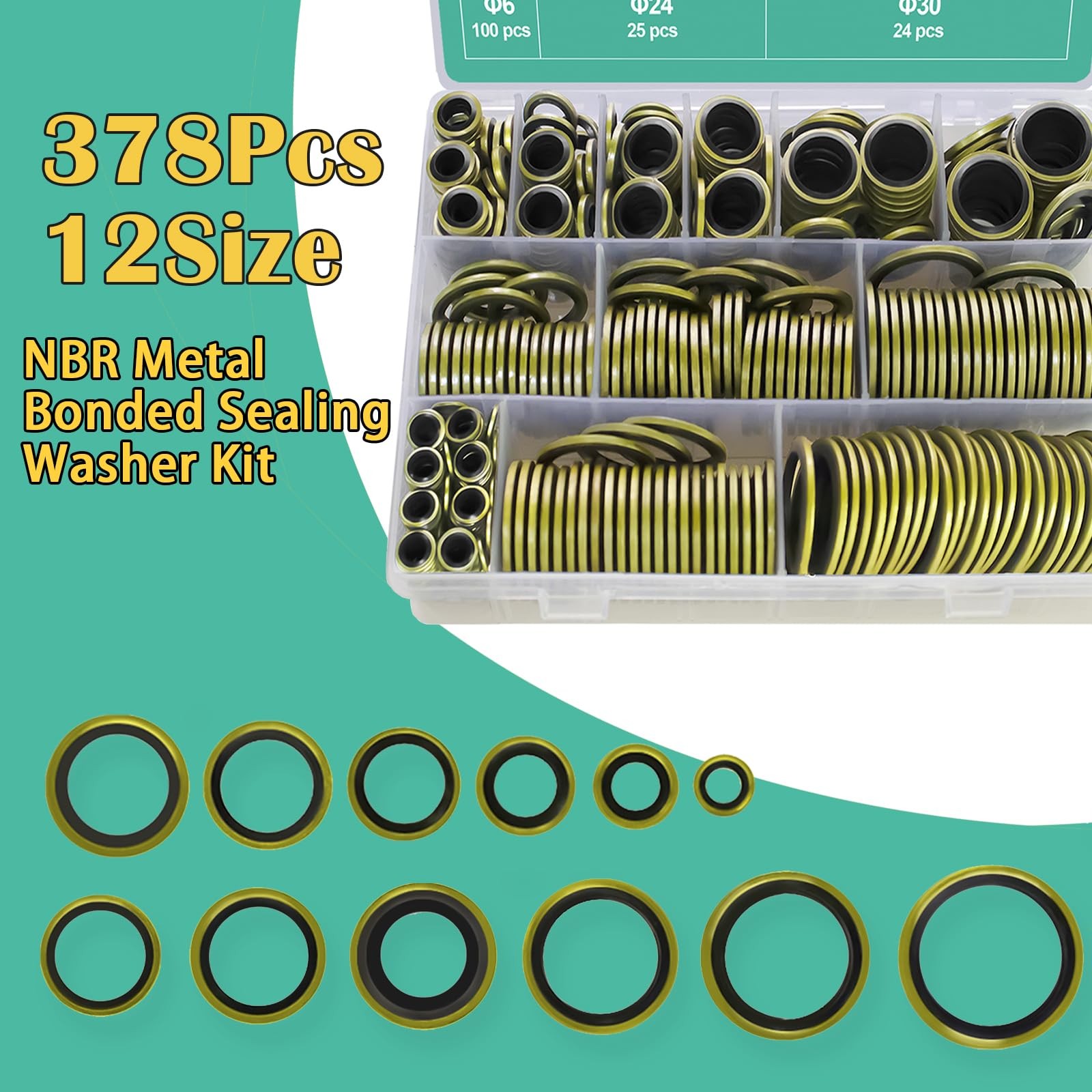 XBVV 378 Pcs NBR Metal Bonded Sealing Washer Assortment Kit M6 M8 M30, black