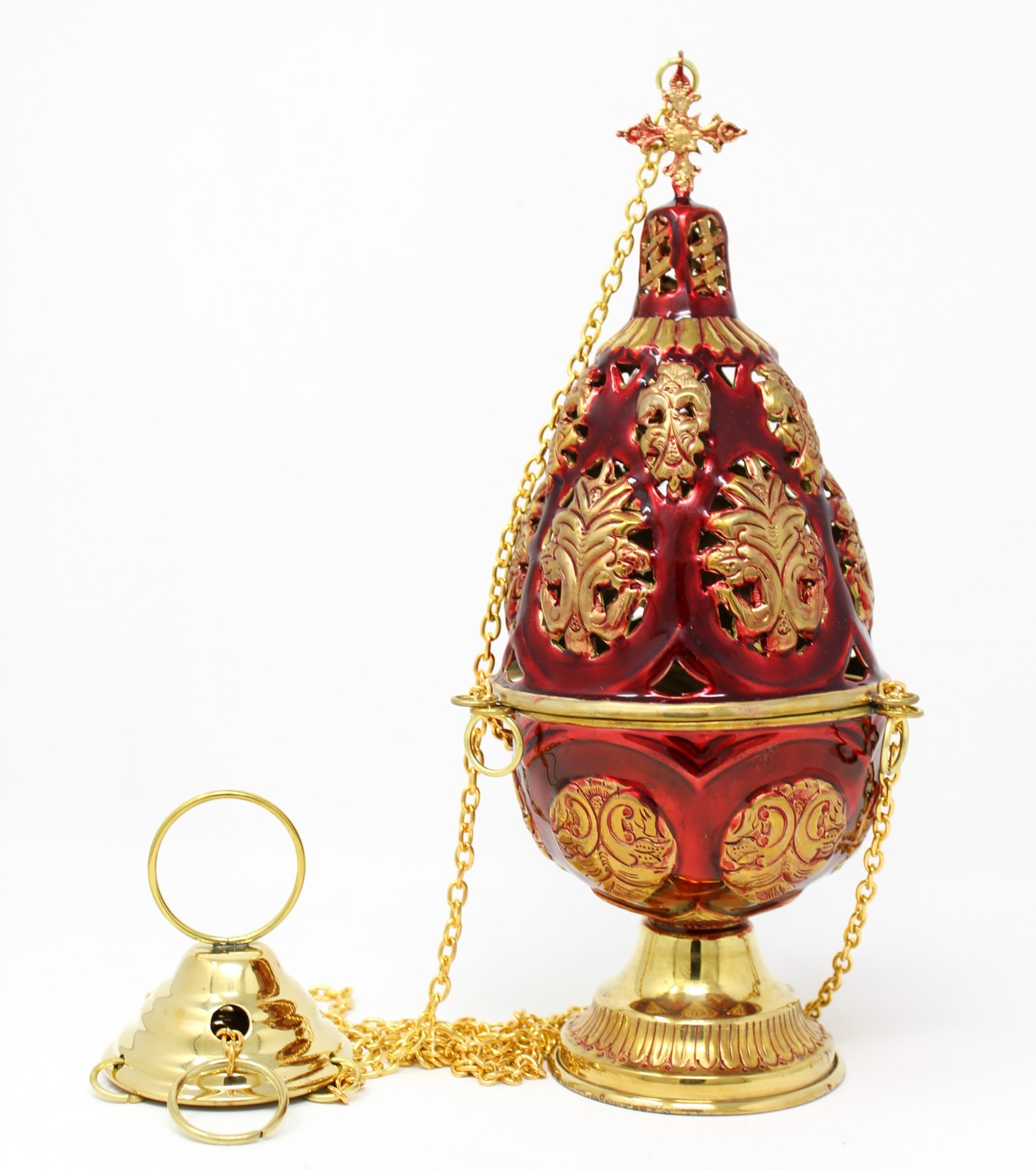 High Polished Brass Ornate Floral Red Enameled Incense Burner Censer 12.4 In