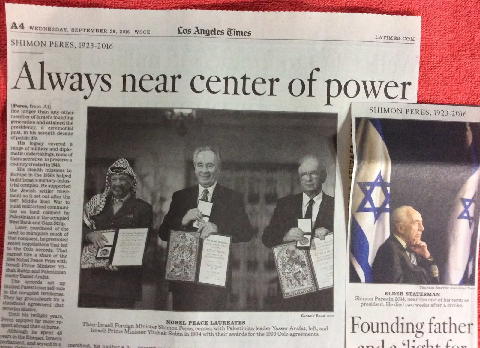 SHIMON PERES 1923 – 2016 OBITUARY FOUNDING FATHER AND LIGHT FOR PEACE IN ISRAEL