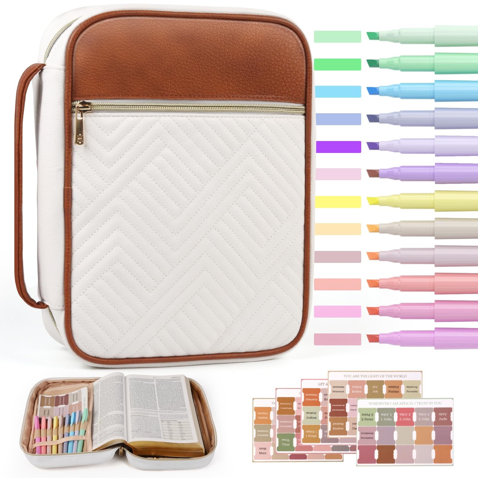 Bible Cover Quilted Vegan Leather Color-Blocked with Handle White & Brown M/L