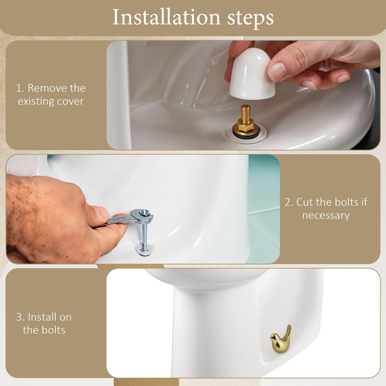 2 Pcs Toilet Bolt Caps Ceramic Gold Bird Replacement 7.2 x 6.5cm,