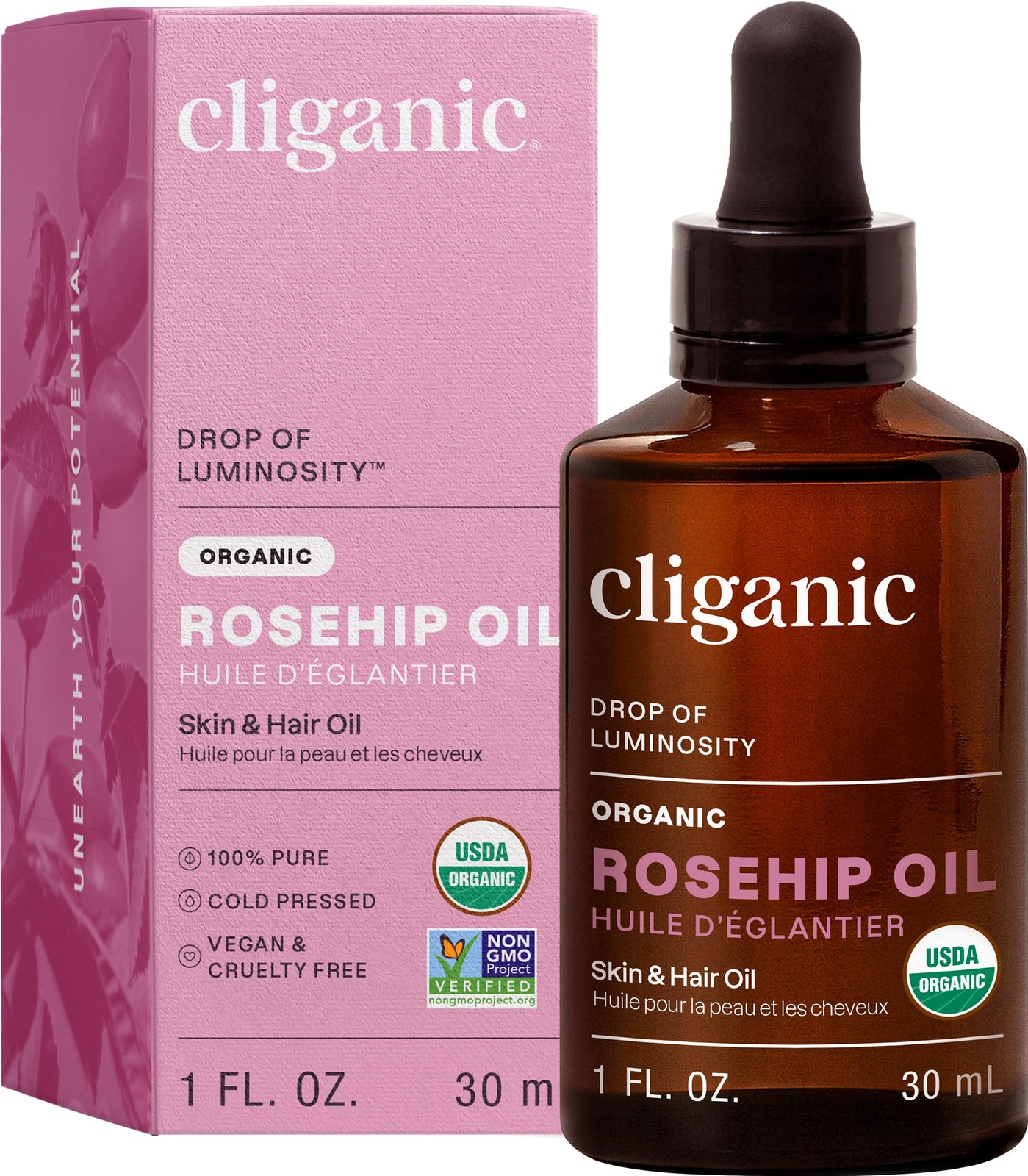 Cliganic Organic Rosehip Seed Oil for Face, 100% Pure | 1 Fl Oz (Pack of 1)
