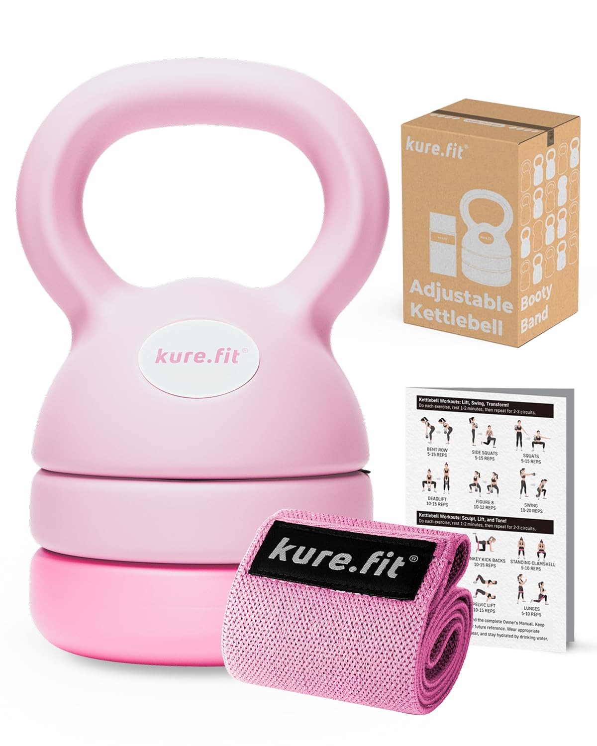 Kure.fit Adjustable Kettlebell 5-12lb Weight Set Home Workout Booty Band