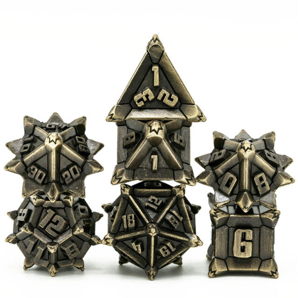 Vintage Brass Color Pinwheel Strengthened Metal 7-Dice Set | Metal DND Dice