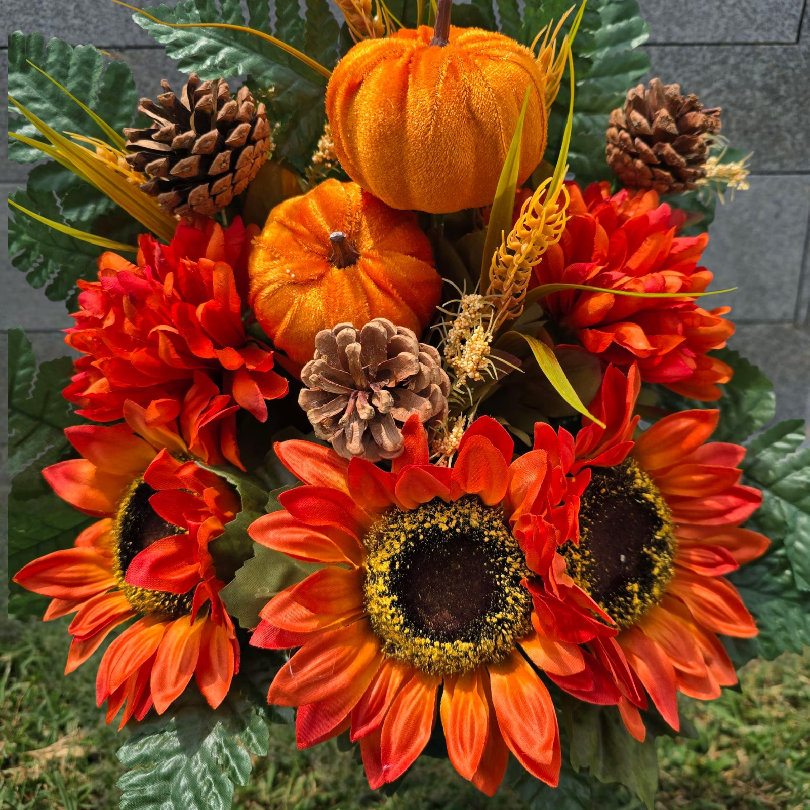 Orange Sunflower, Mum & Pumpkin Cemetery Cone