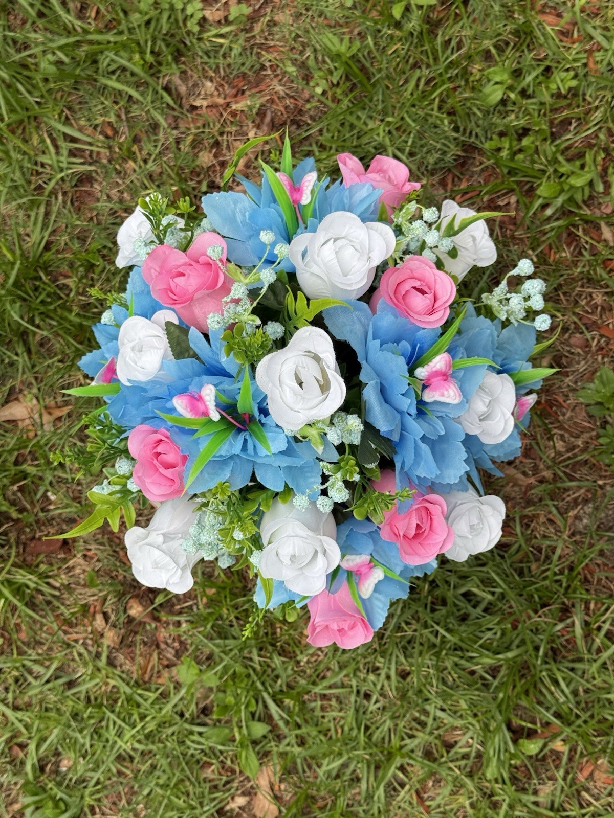 Cemetery Vase Memorial Silk Flower Arrangement Light Blue, White & Pink